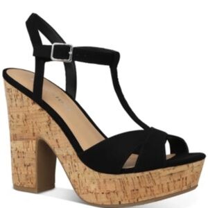 NWT Sun + Stone JAMIE T-STRAP PLATFORM DRESS SANDALS, BLACK MICRO